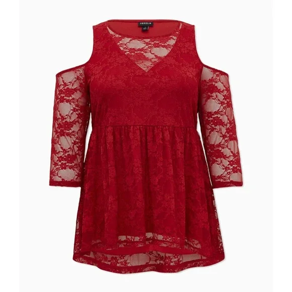Torrid Babydoll Stretch Lace Cold Shoulder Top Biking Red Plus Size 4 4X - Picture 12 of 15